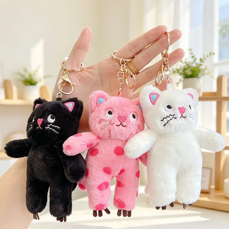 Kawaii Pink Cat Plush Keychain Cute Cat Plush Pendant Soft Animal Keyring Car Key Buckle Accessories Women Bag Hanging Gift