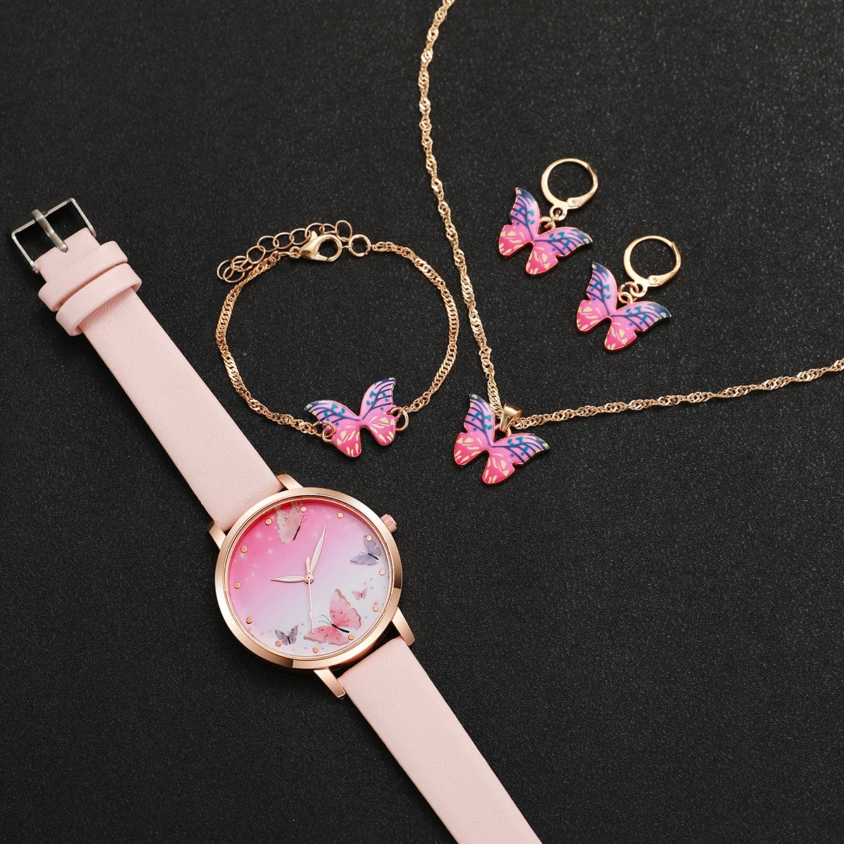 5PCS/Set Women\'s Watch Fashion Butterfly Dial Leather Band Quartz Watches Jewelry Set（Without Box）