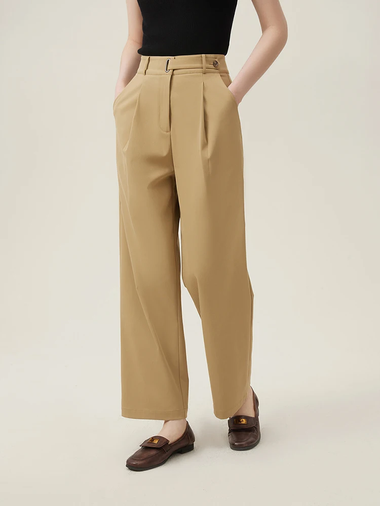 

FSLE High Waist Women Spring Khaki Cropped Suit Pants Waist Belt Design Female Twill Solid Trousers 24FS11127