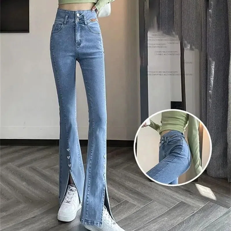 Women Jeans 2023 Autumn Summer Pencil Trousers High Waist  Side Split Ladies Female Slim Fit Casual Denim Flare Pants Women