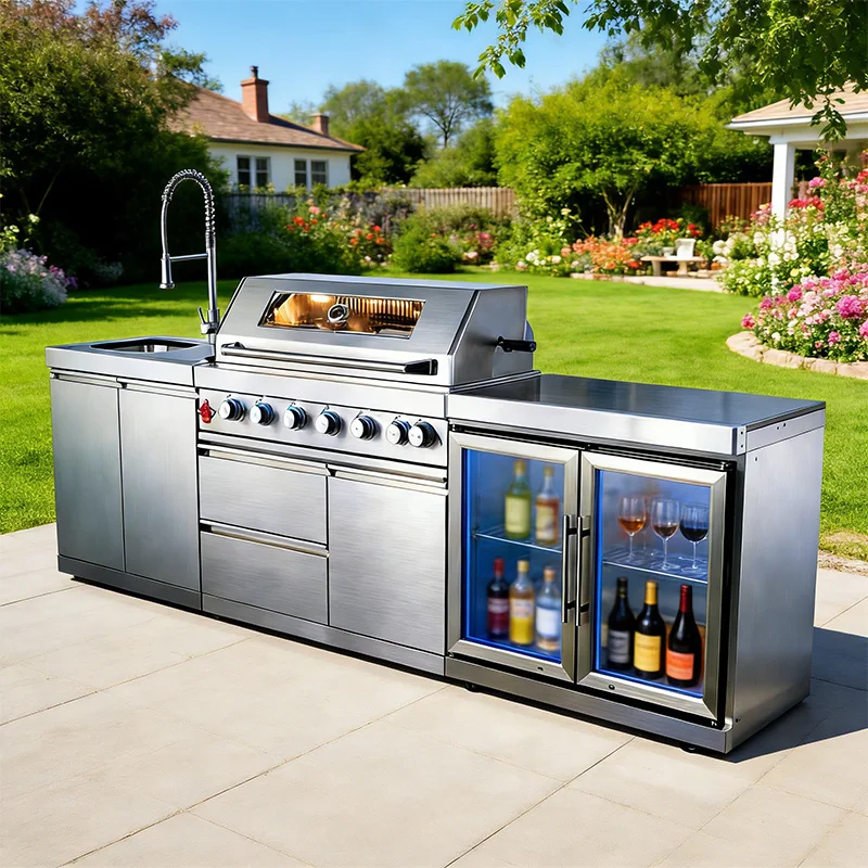 

Кухонные шкафы для патио и сада из нержавеющей стали 304 с грилем, варочной панелью, раковиной, холодильником, передвижные на колесах