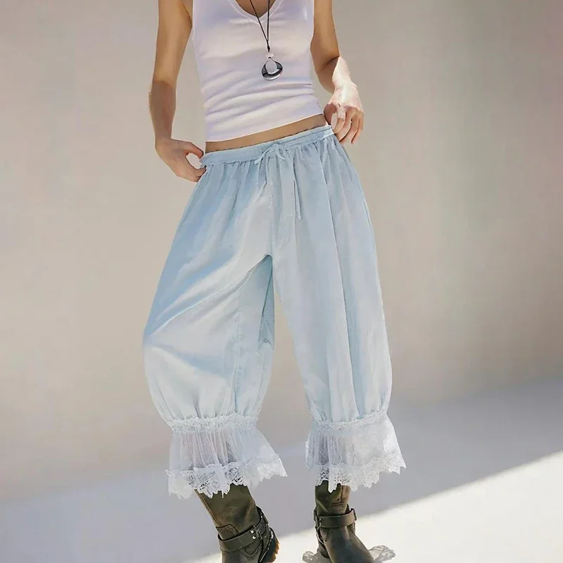 

Floral Lace Bloomers Pants For Women Hollow Drawstring Loose High Waist Patchwork Calf-Length Lantern Trousers Casual