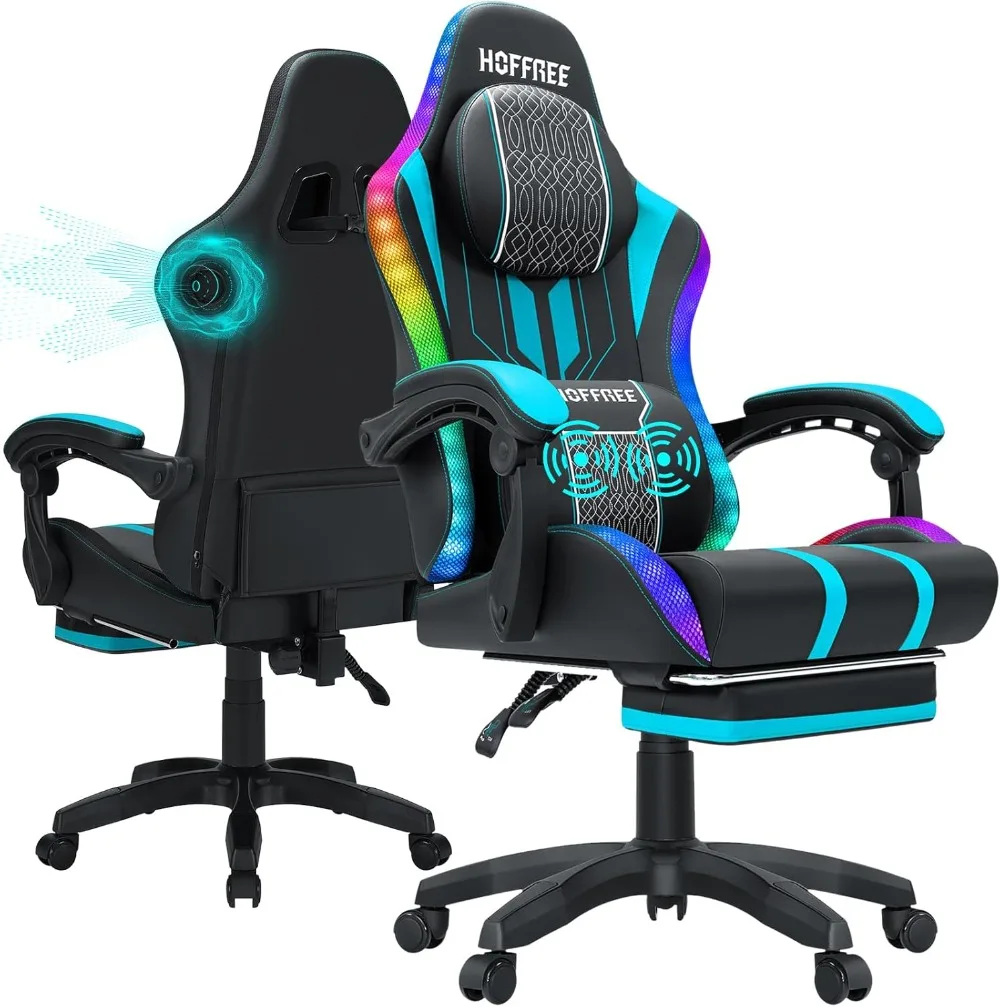 

Led with Speakers and Massage Video Game Chair Big and Tall for 400lbs with Footerst Reclining High Back Chair Blue and Black