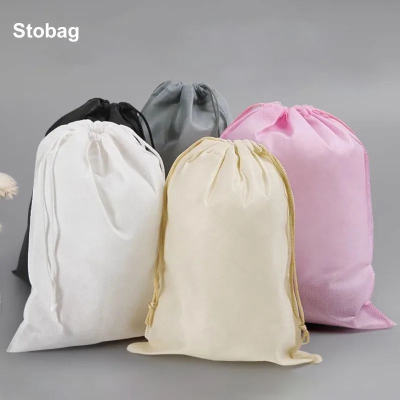 StoBag Wholesale Non-woven Drawstring Bags Shoe Clothes Storage Portable Reusable Travel Organizer Pouch Custom Logo(Extra Fee)