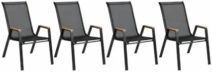 Patio Chairs, Outdoor Chairs Set of 4, Stackable Patio Sling Chairs with Faux Teak Arm Rest, Textilene Fabric, Metal