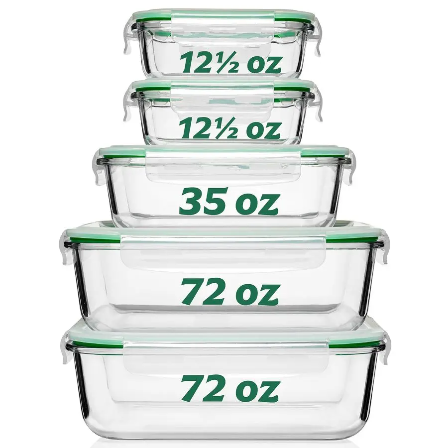 

Large Glass Food Storage Containers with Lids 5 Pack, 72 oz, 9 Cup, Airtight, Leakproof, Microwave and Oven Safe Borosilicate Gl