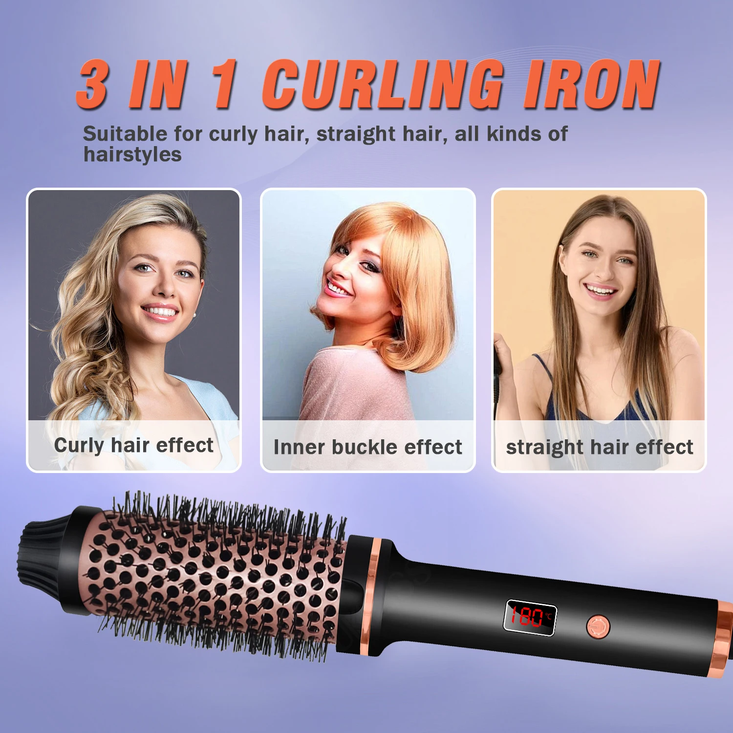 BESTIS  3-in-1 Curling Iron with Curling Brush,Ceramic Barrels, Quick Heat, Suitable for All Hairstyles