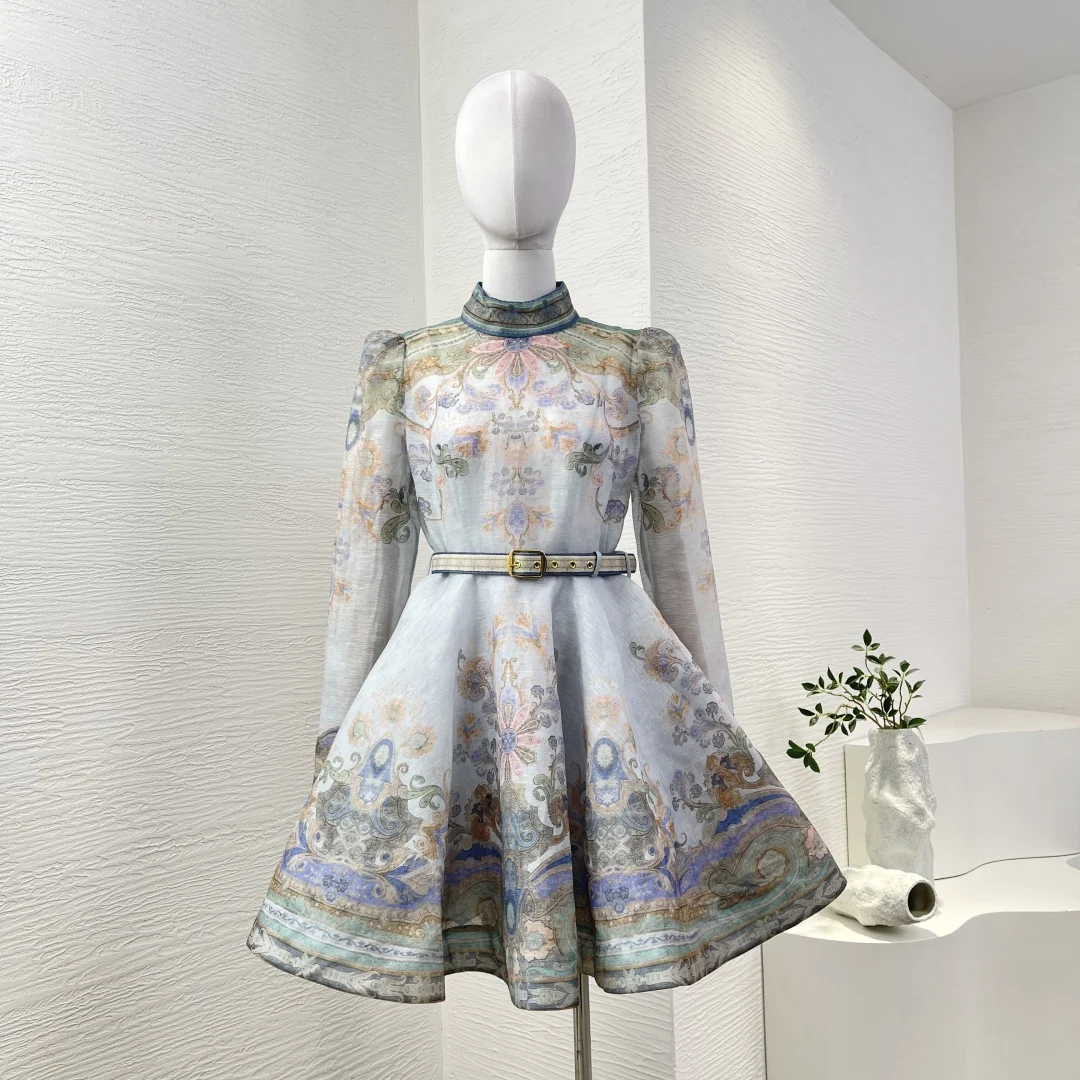 2024 New Autumn Print Flower Linen Silk Blue Paisley Long Sleeve Stand Collar Mini Dress for Women