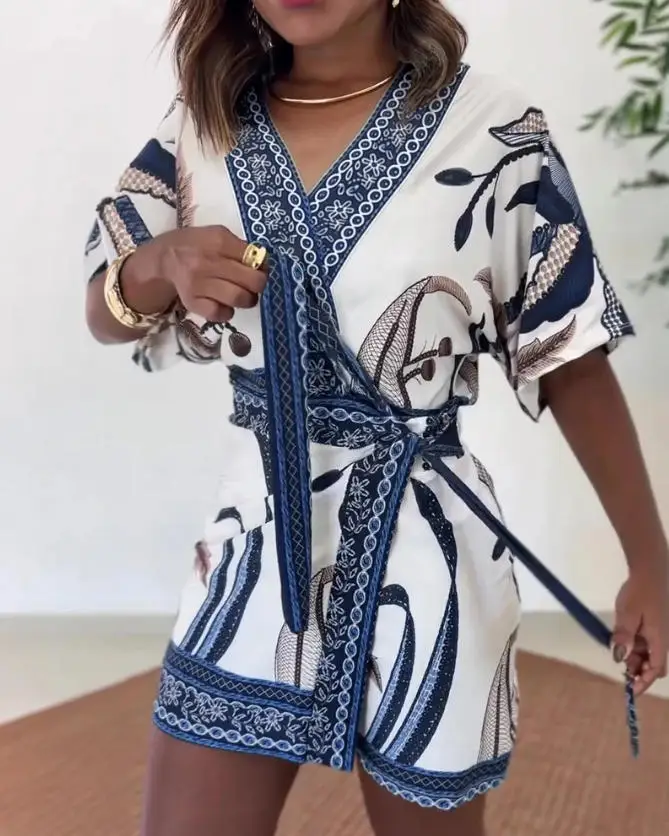 

Women's Jumpsuit Summer New Elegant Intellectual and Casual Style Plant Printed Lace Up Waist Cinched Straight Leg Jumpsuit