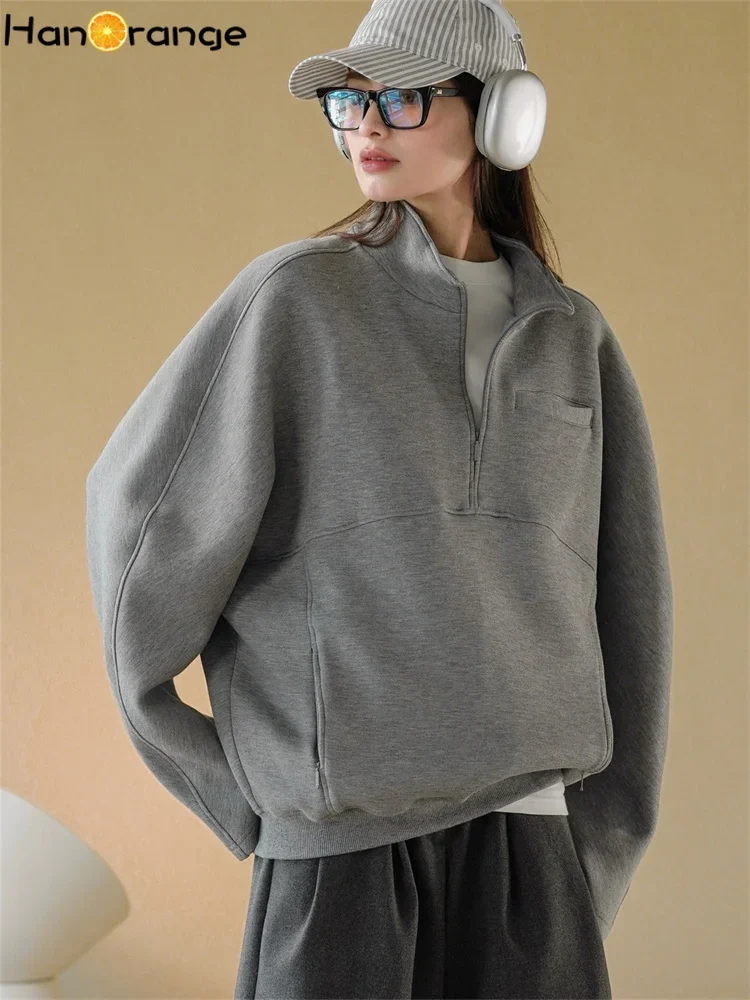 HanOrange 2025 Early Spring Fashion Half Turtleneck Air Layer Pullover Sweatshirt Women Loose Casual Top Grey/Navy Blue