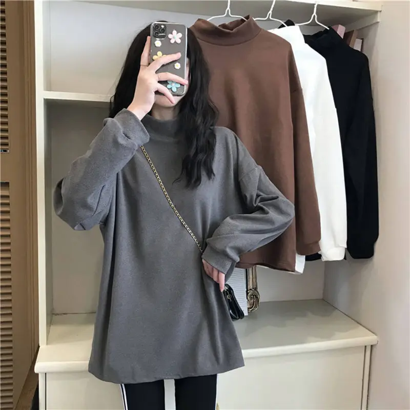 Women's Autumn Winter Fashionable Elegant High Neck Pullover Long Sleeved Solid Color Bottom Shirt Casual Versatile Youth Tops