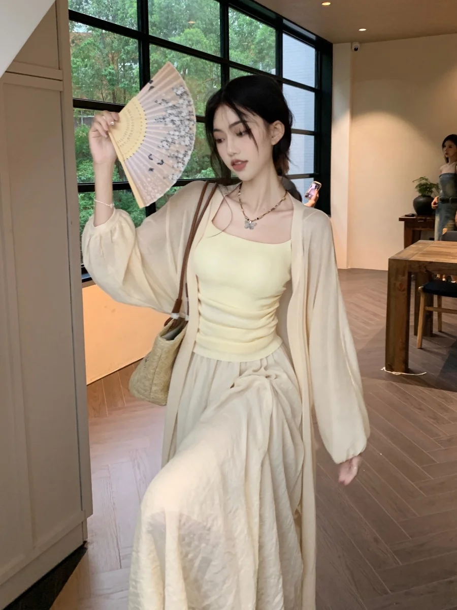 Pure Desire Long Sve Drapey Open Cardigan Women's Summer Strap Vest Elastic Waist Midi Skirt Tee Piece Set Women
