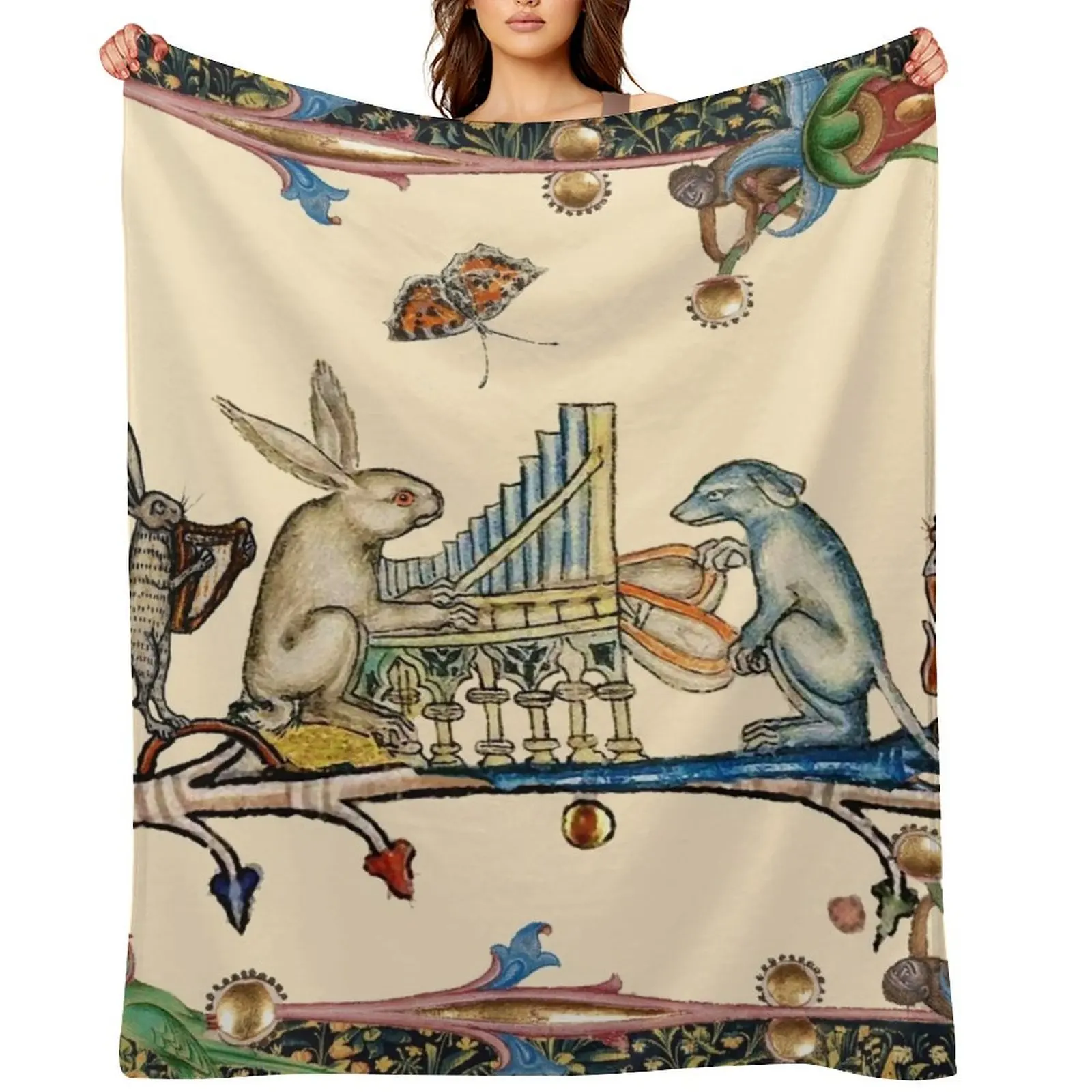 

WEIRD MEDIEVAL BESTIARY MAKING MUSIC,White Rabbit And Dog Playing Organ,Harpist Hare,Snail Cat Throw Blanket Cute Plaid Blankets