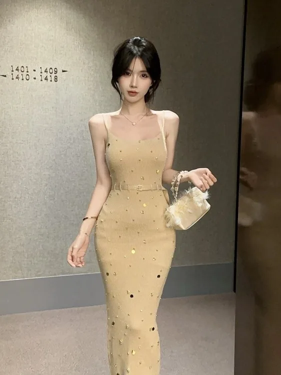 

Elegant Gentle Wind Unique Sequin Embellished Strap Dress Women's Sexy Body Shape Slimming Long Dress Nicole Rose Knitted Pol...