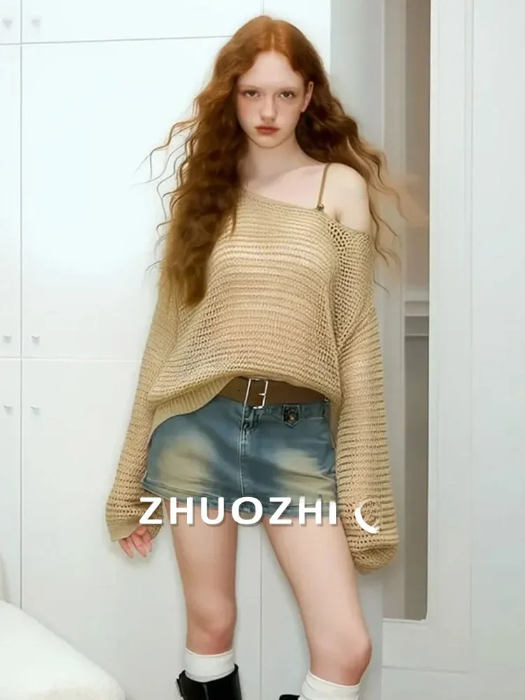 

Zhuo Chi Lazy Diagonal Collar Knitted Sweater Hollow out Loose Women's Faion Autumn 2025 Soft Long Sve Knitwear