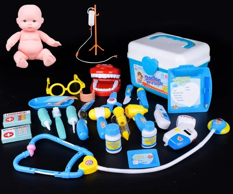 

[Funny] 27Pcs Kids Toys Doctor Set Baby Suitcases Medical kit Cosplay Dentist Nurse Simulation Medicine Box sound & light props