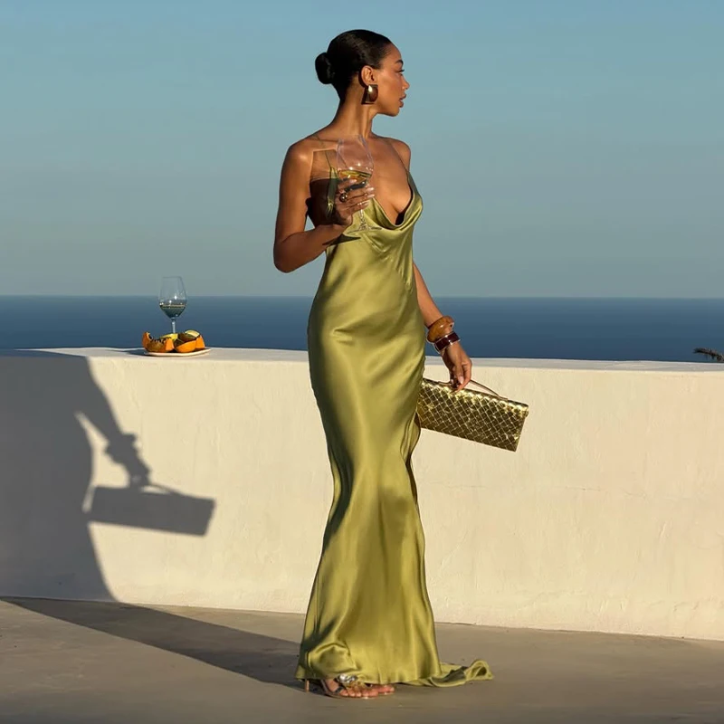 Sexy Women's Satin Solid Long Dress Swing Collar Sleeveless Backless Spaghetti Strap Slit Dresses 2026 Summer Evening Lady Robes