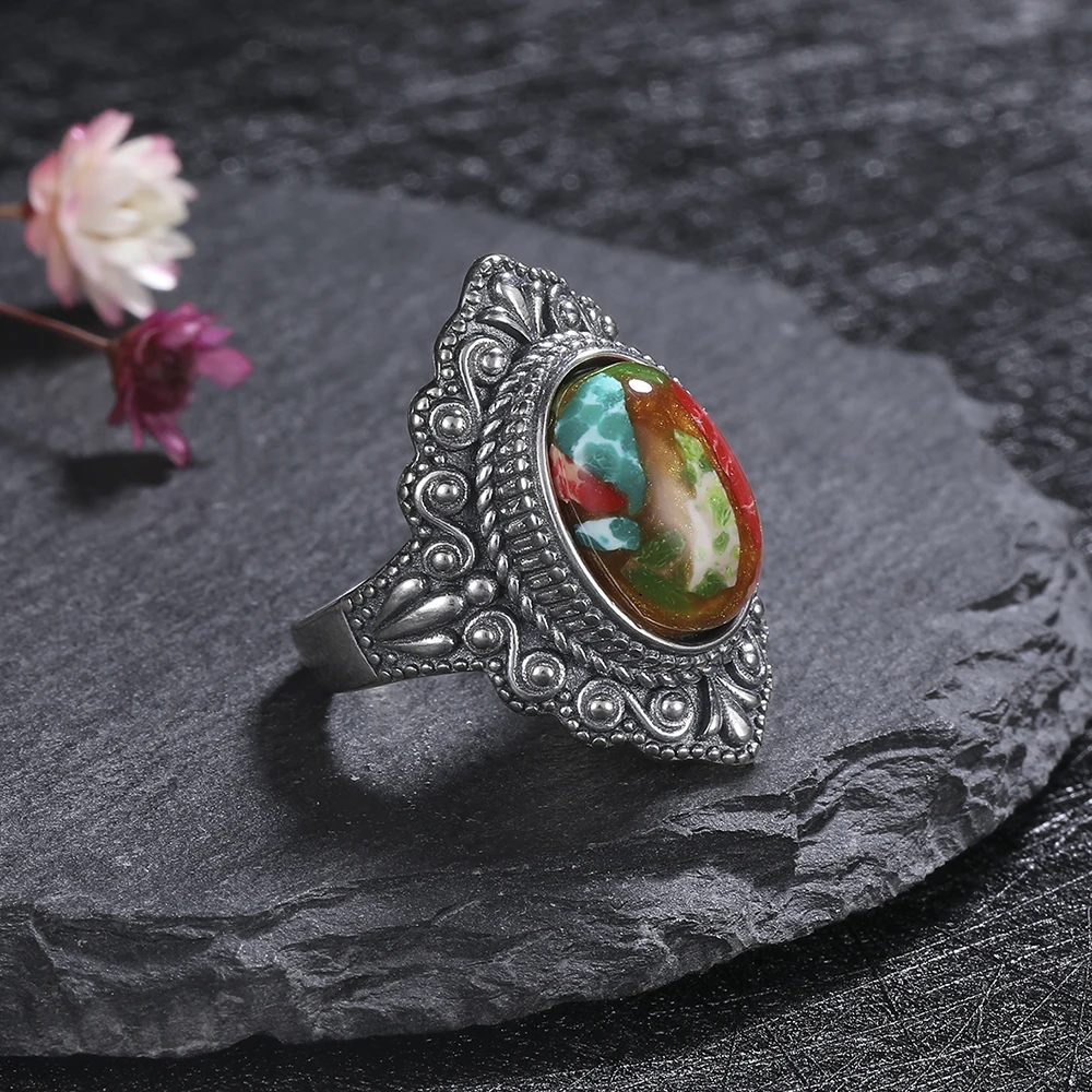 925 Sterling Silver Retro Hollow Luxury Vintage Natural Emperor Stone Ring Fine Jewelry Wedding Gift for Women