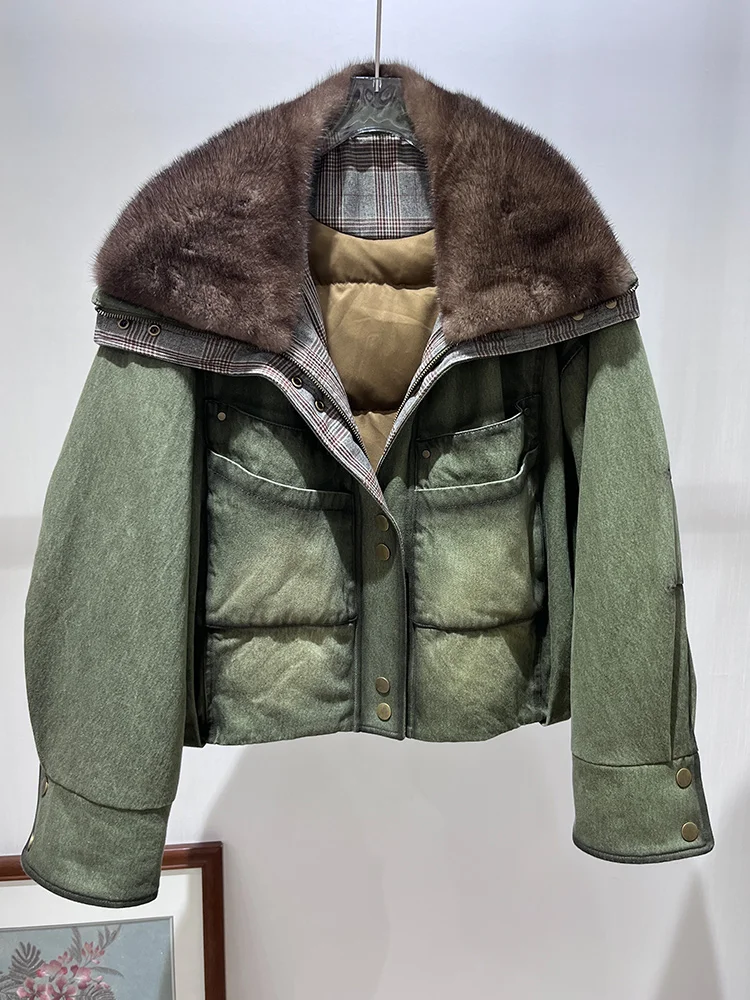 เสื้อแจ็คเก็ตขนห่านสำหรับผู้หญิง ฤดูใบไม้ร่วง-ฤดูหนาว ปี 2025  คอปกขนมิงค์แท้  แจ็คเก็ตยีนส์  เสื้อคลุมหรูหราสำหรับผู้หญิง