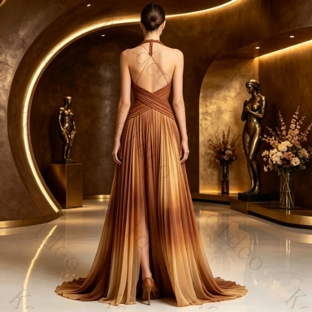 Customized Gradient Brown Pleated Chiffon Evening Dress Halter Neck Cross Wrap Deep V High Slit Floor Length Formal Prom Gown