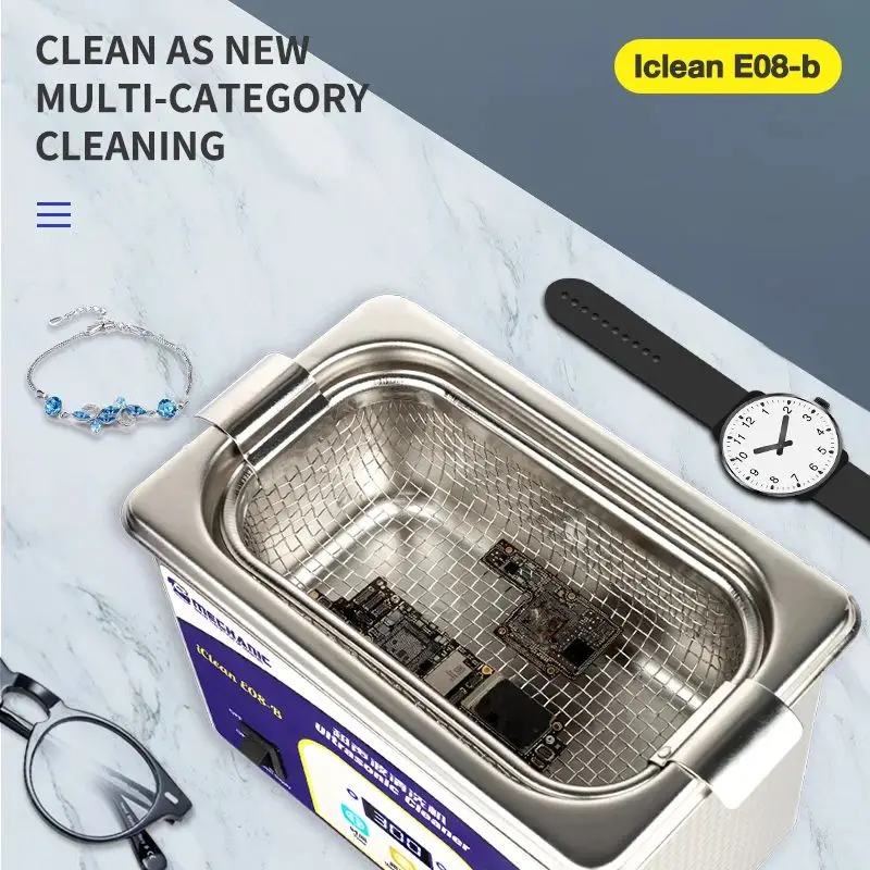 ميكانيكي iClean-E08B منظف بالموجات فوق الصوتية 360 °   تنظيف 40 كيلو هرتز 0.8 لتر لساعة الكاميرا الزجاجية لعدسة الهاتف أداة إصلاح نظيفة