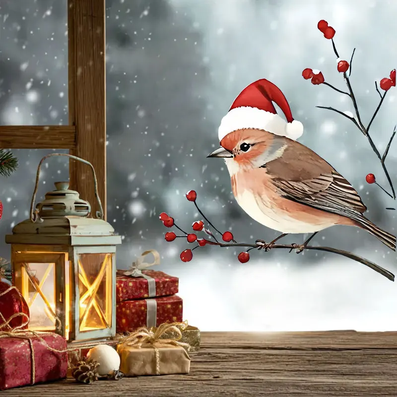 5PCS Christmas Five Birds in Santa Hats and Red Berry Branches Window Sticker Self-adhesive Wall Stickers Door Glass Vinyl Decal