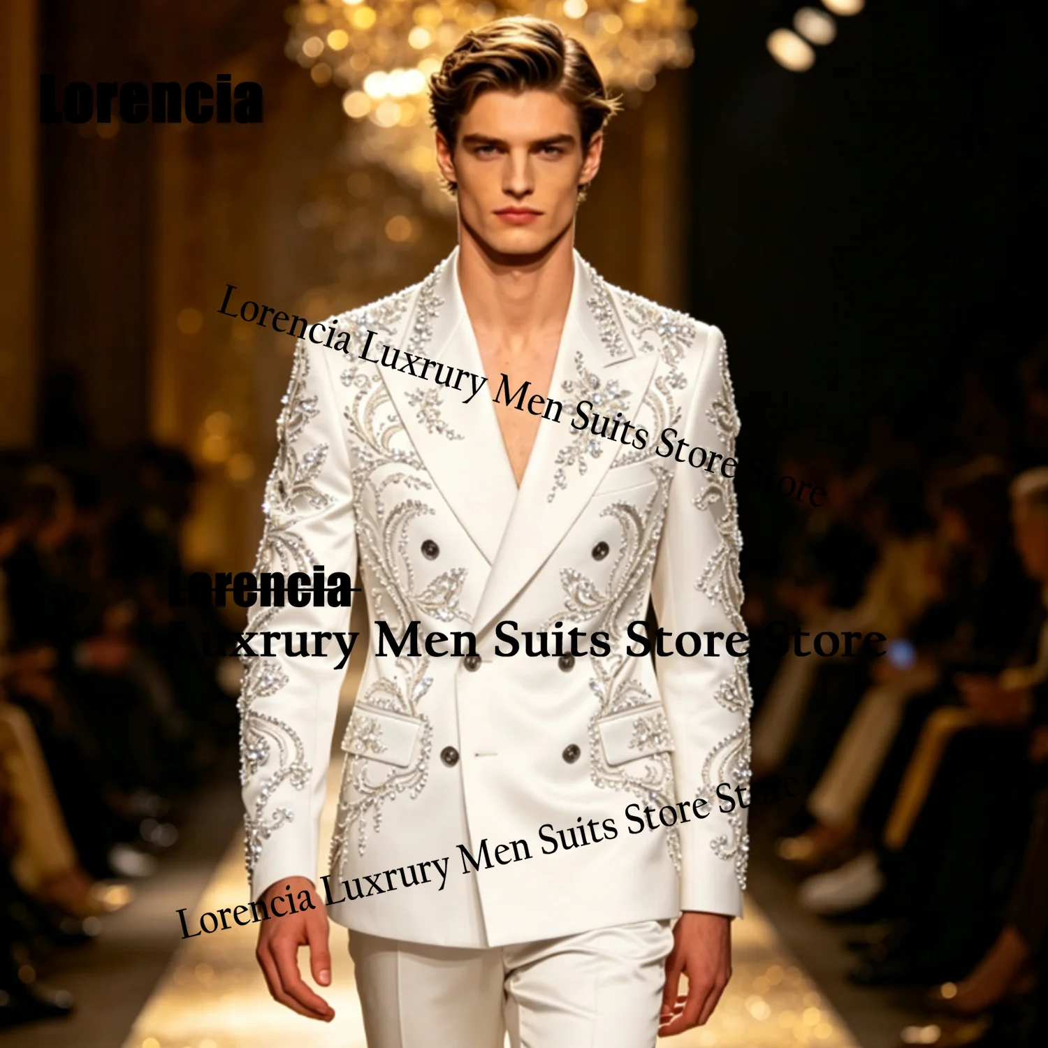 

Handmade Double Breasted Men suit For Prom Groom Gem Sequin Male Evening Party Retro Blazer 2 Pieces Set Tuxedos Slim Customized
