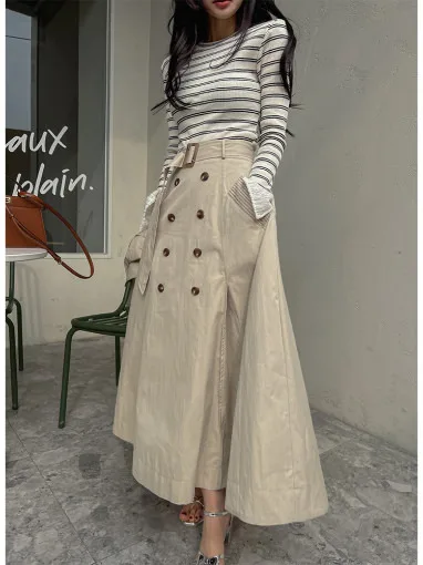 

Осенняя юбка трапециевидной формы с высокой талией, женская ретро-гонконгская двухрядная длинная утягивающая юбка на пуговицах с поясом, модная шикарная юбка