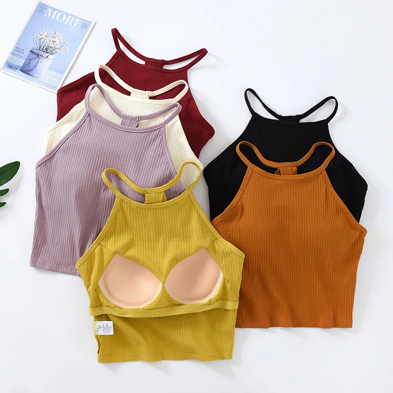 Ribbed Backless Bra Camisole For Women Crop Tank Top Sando Singlet Vest Halter Neck Sleeveless Sexy Casual Cotton Tube Top