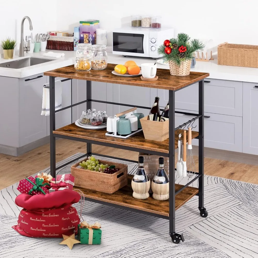 Kitchen Island with Storage,Industrial Kitchen Counter with Hooks and Side Enclosures, 3 Tier Kitchen Cart