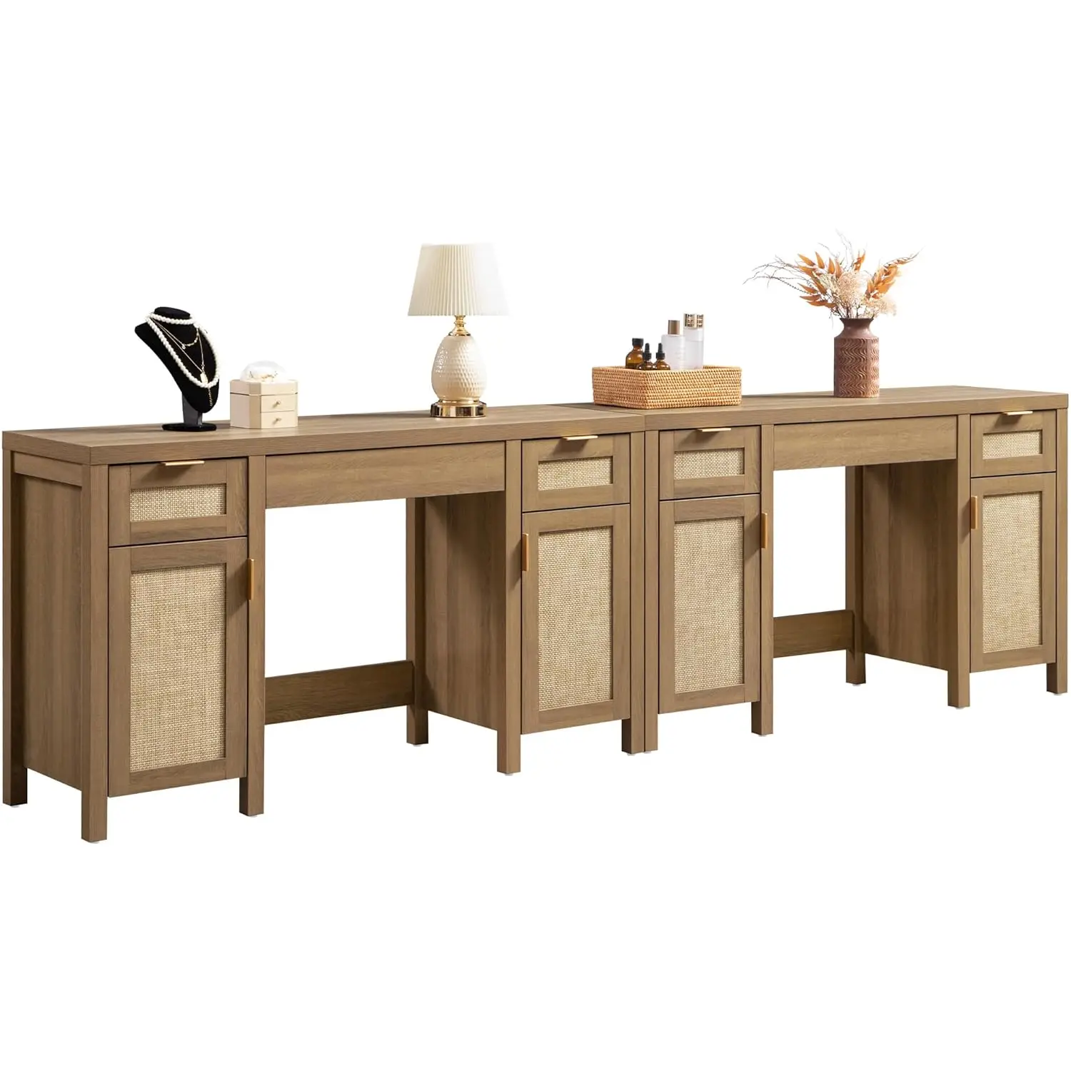 

2 Pieces Rattan Vanity Home Office Desk - Big Boho Makeup Vanities Benches with Drawers & Storage Cabinets,, Customized