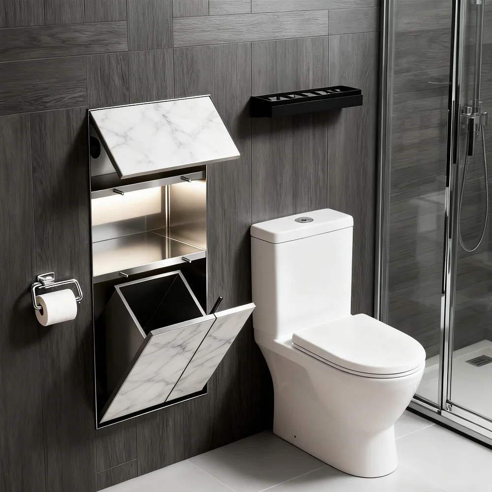 Multi-Functional Hidden Modern Corner Stainless Steel All-in-one Toilet Paper Toilet Brush Holder Trash Can Wall Recessed Niche