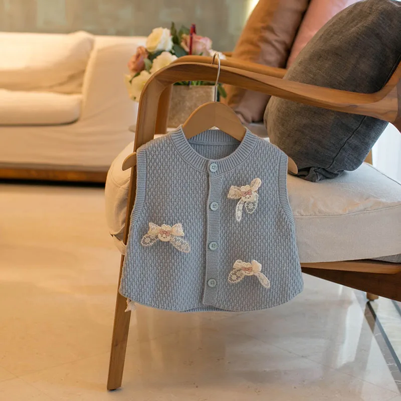 MILANCEL New Autumn Baby Knit Vest 6M-4T Sweet Lace Bow Girls Solid Color Waistcoat Korean Version Children Knitted Clothes