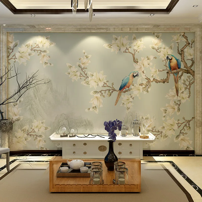 

Custom Luxury wallcovering Hand Painted Magnolia & Birds & landscape silk Wallpapers for TV/Bedroom/Living/Dinning/Porch/Sofa