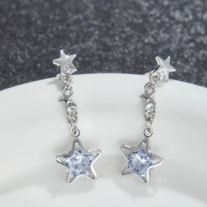 Light Luxury Exquisite Pentagram Zircon Tassel Pendant Earrings for Women Niche Simple Fashion Trendy Party Gift Y2K Jewelry