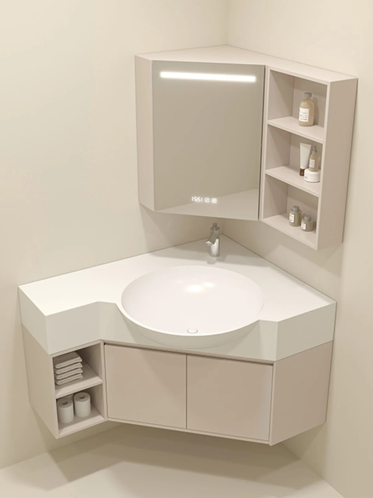 Special-shaped custom corner extension extended bathroom cabinet DuPont Corian integrated basin washstand triangular wash basin