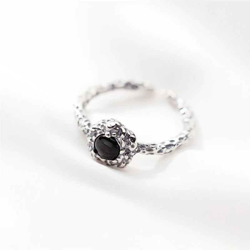 Retro Thai Silver Black Zircon Geometry 925 Sterling Silver Female Resizable Opening Rings RI960