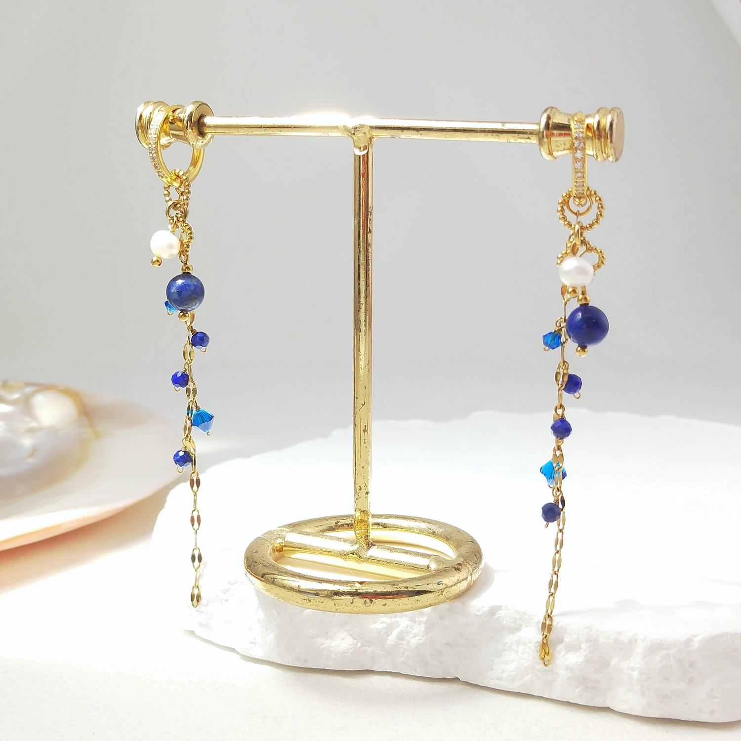 Lii Ji Blue Topaz / Rhodonite / Lapis Lazuli Stainless Steel Dangle Earrings Handmade Jewelry