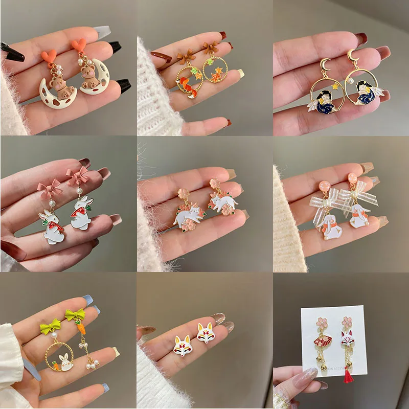 32 Style Colorful Enamel Cartoon Cute Rabbit Fox Ear Clips Funny Cat Bear Long Clip on Earrings Without Piercing for Women Girls