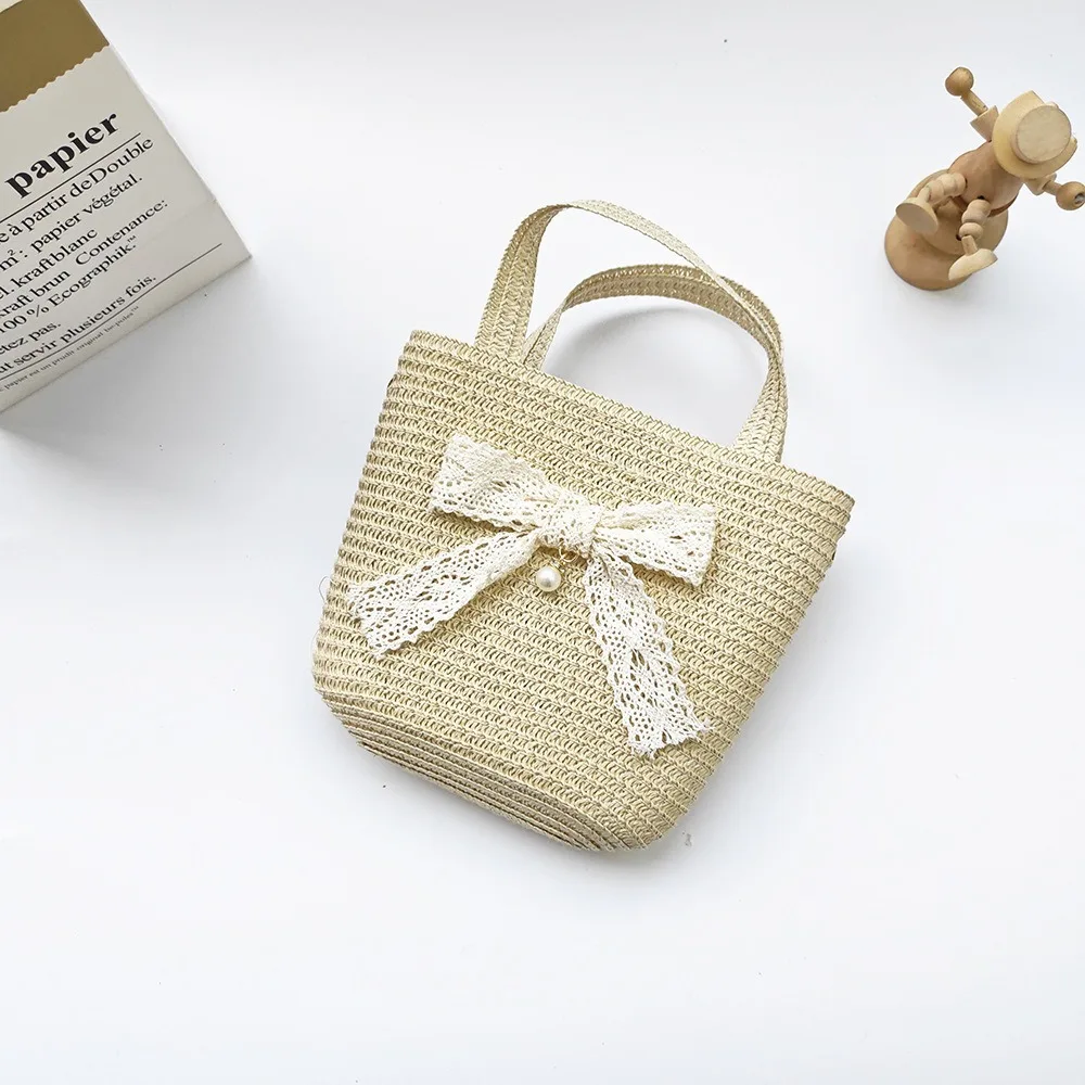 

New Handmade Woven Straw Bag Flower Bowknot Coin Purse Breathable Storage Basket Beach Travel