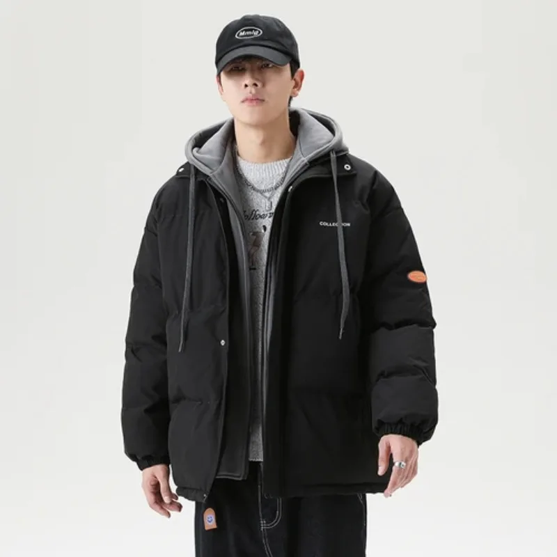 

Korean Fashion Fake Two Piece Hooded Winter Coats Men Casual Thicken Warm Zipper Cotton Wadded Jackets Loose Tops Mens Clothing