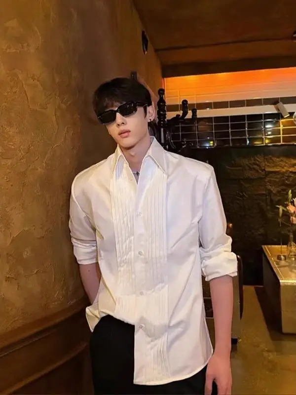 White Long Sleeve Shirt Men's Spring British Style Casual Jacket American Accordion Design Sense Pleated Shirt Shoulder Pads