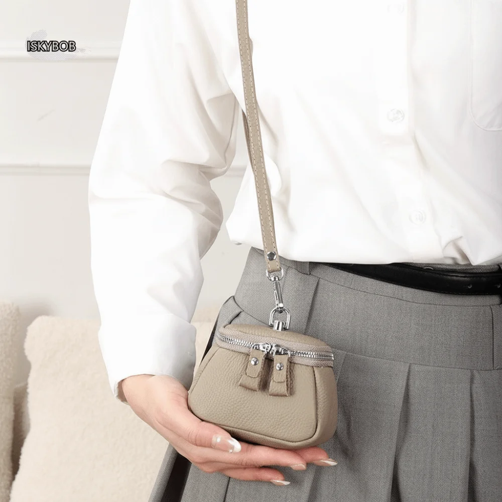 Solid Color Hanging Neck Coin Purse Genuine Leather Lipstick Earphone Pouch Lanyard Wallet Korean Style Makeup Storage