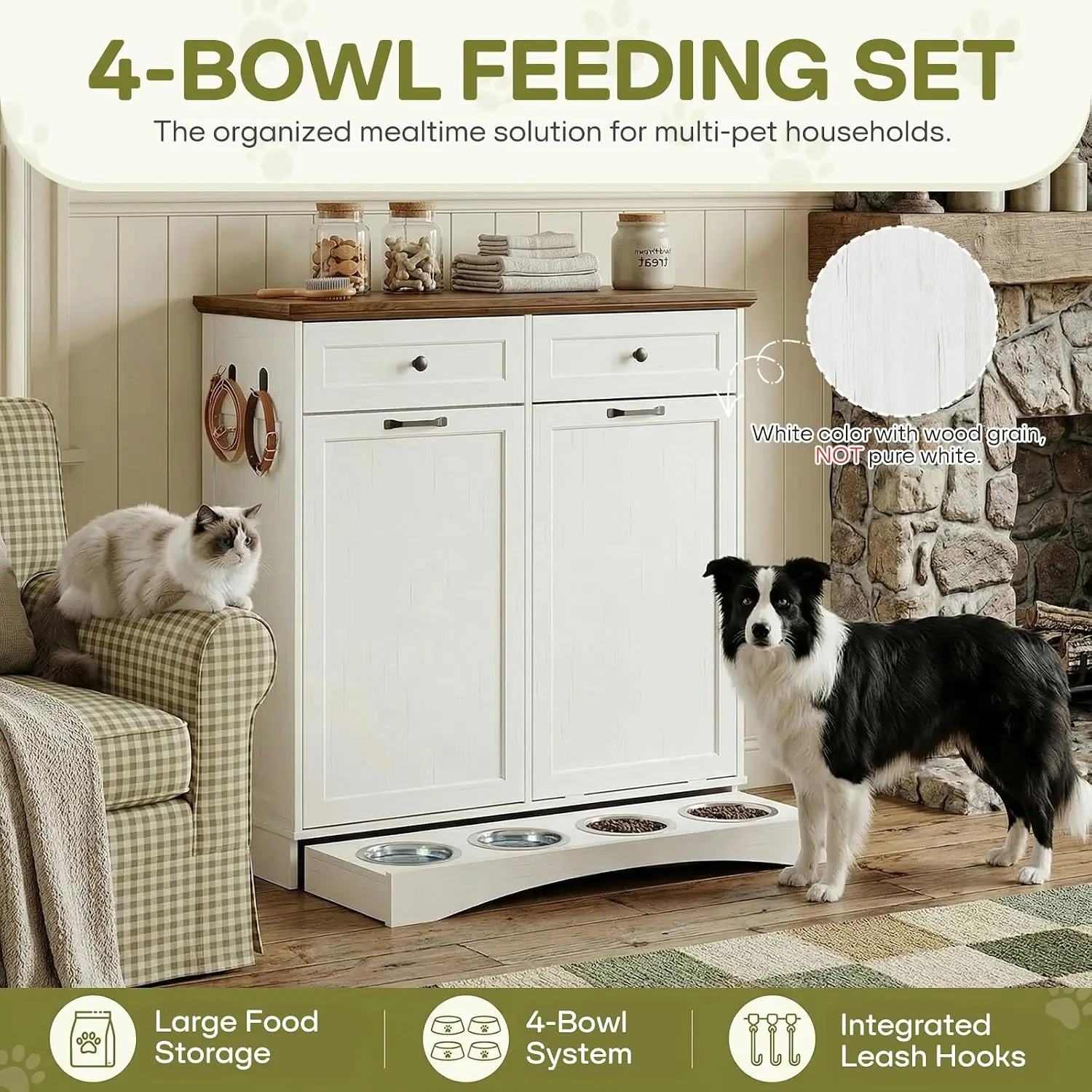 Pet Feeding Station with 4 Bowls,Dual Doors dog cabinet storage