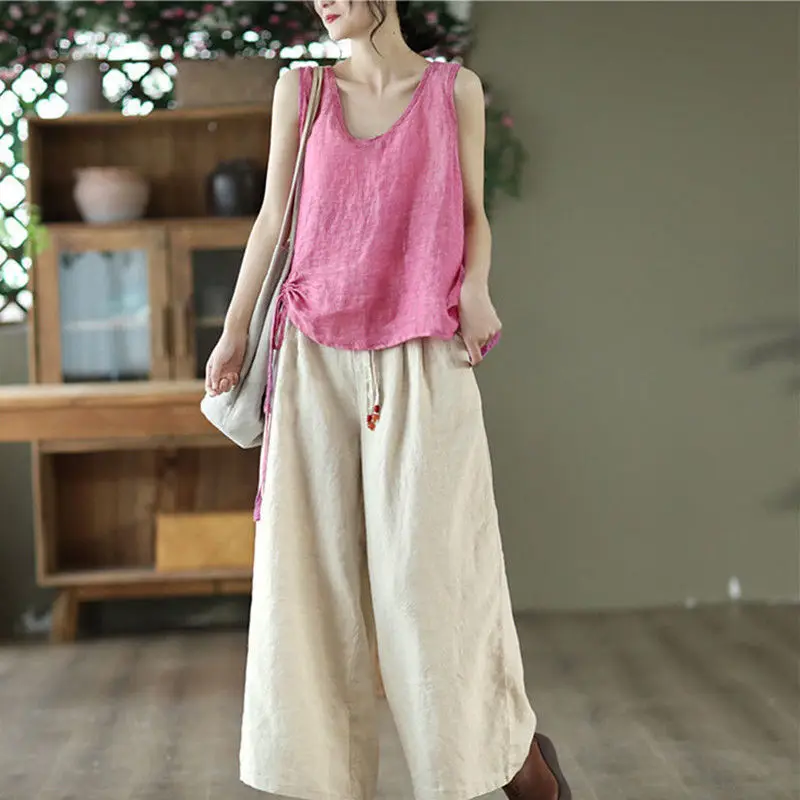 Womens V-neck Drawstring Cotton And Linen Camisole Vest