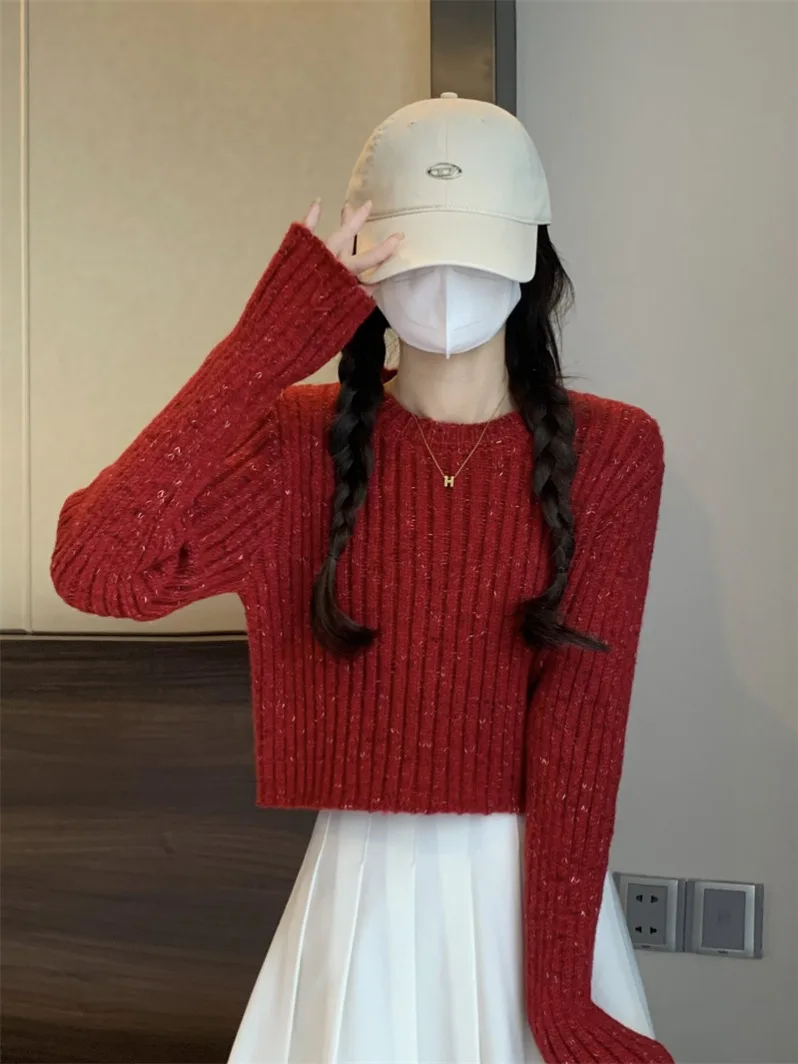

Sweet Anti-Aging ort Knitted Sweater Women's Autumn Winter Wine Red iny Casual Loose Fit Long Sve round Ne Top