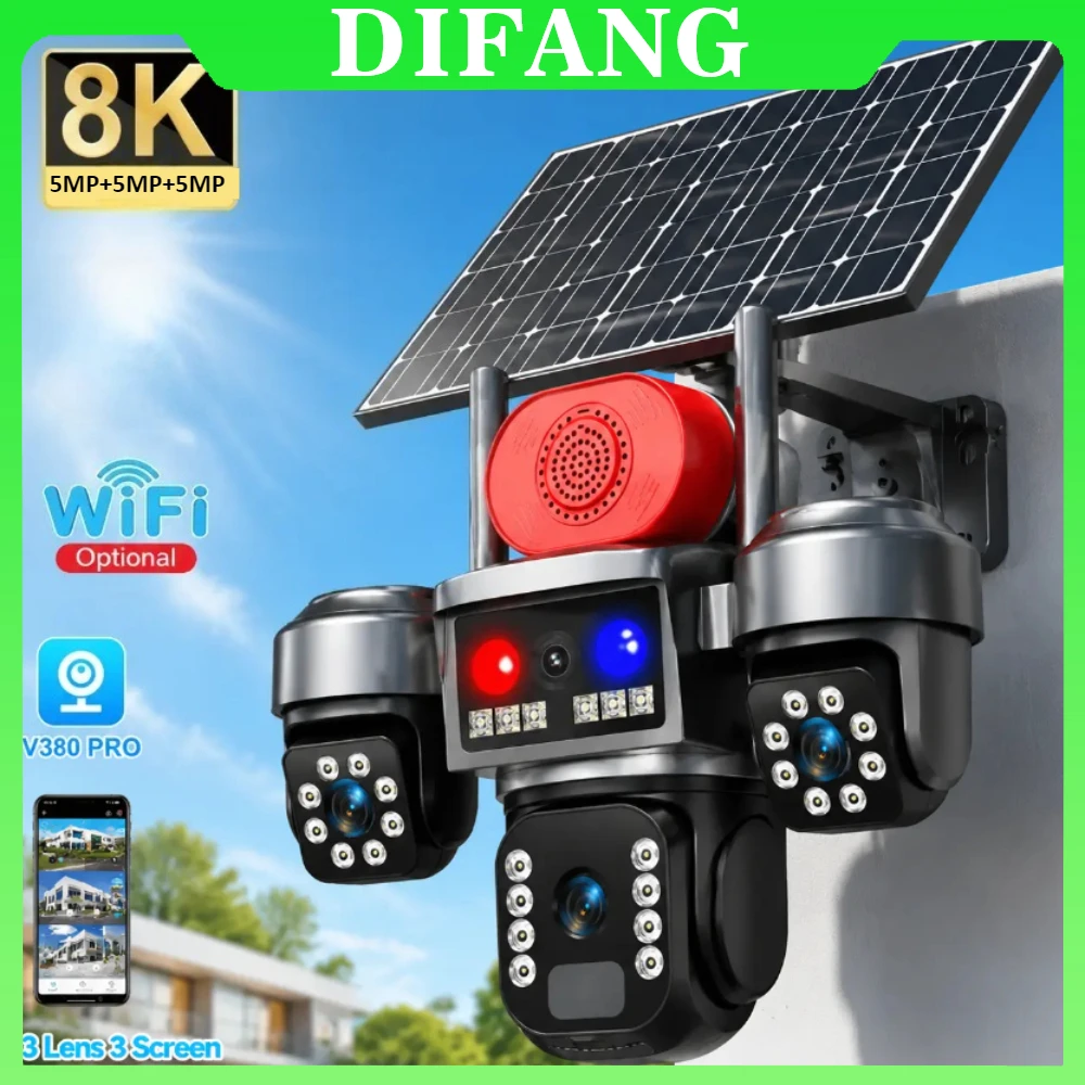 V380 Solar Security Camera  WiFi 15MP 8K 10X Zoom Triple Screen 360° Panoramic Outdoor Wireless IP Cam