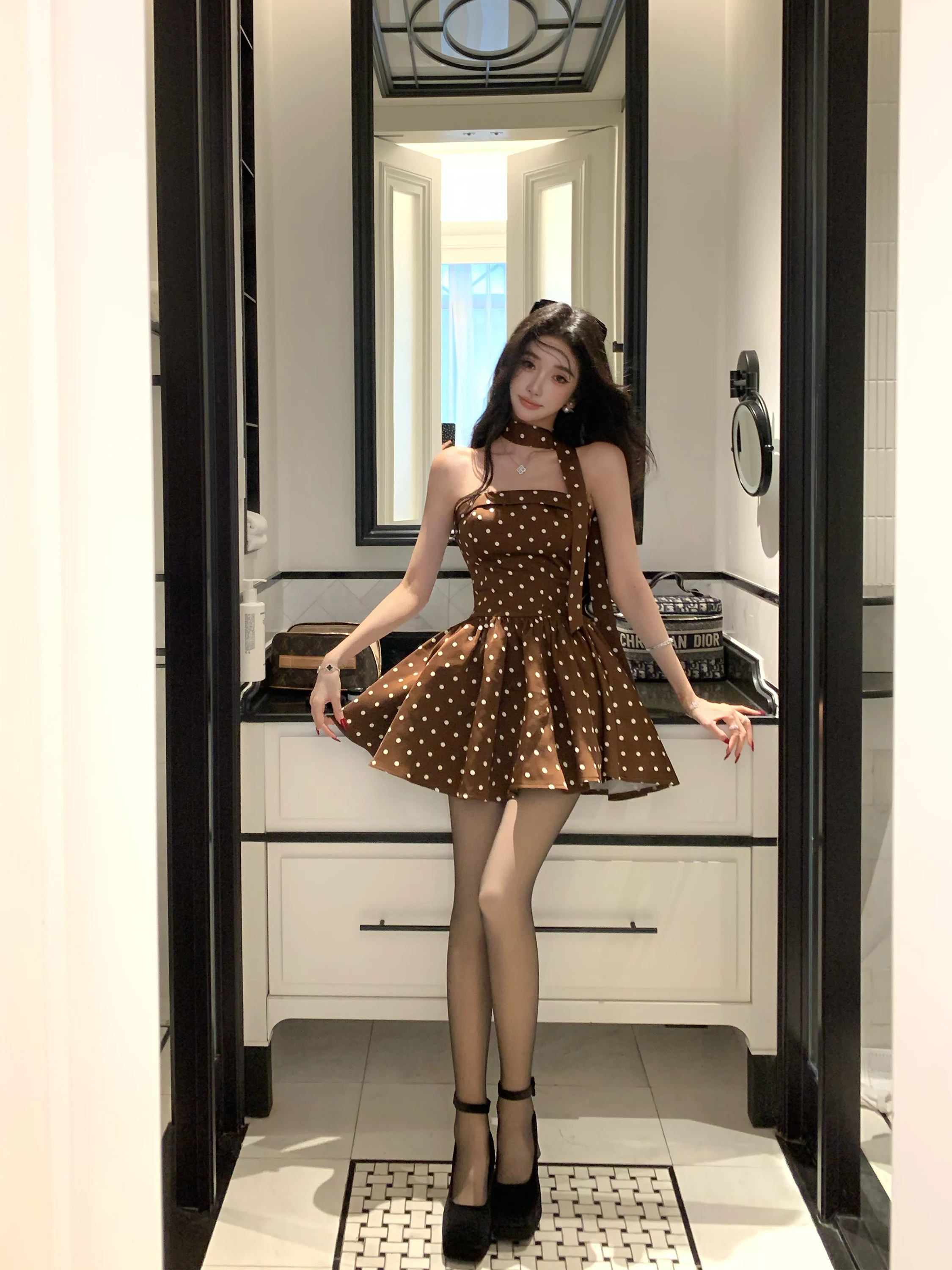 

Barb Chill Ретро в горошек Spicy Girl Tube Dr Женский зимний новогодний халат с завязкой на талии Тонкая юбка трапециевидной формы Dr