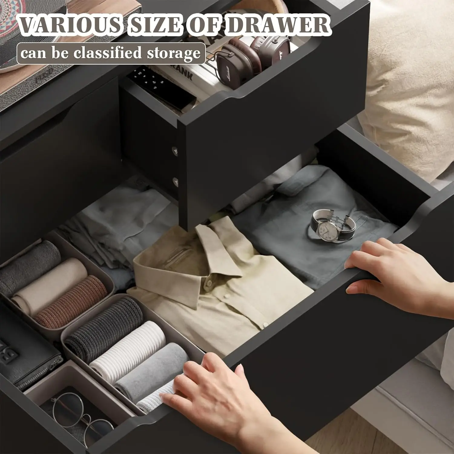 Dresser for Bedroom, Dresser with 6 Wood Drawers, Black Dresser and Tall with Large Organizer, Wood image 4
