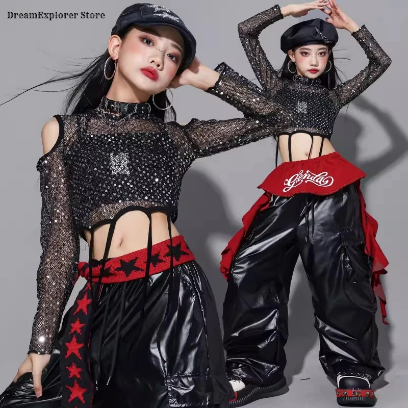 K-pop Girls Sequin Shiny Crop Hoodies Cargo Pants Children Streetwear Kid Teen Hip Hop Jazz Girl Group Street Dance Clothes Set 4